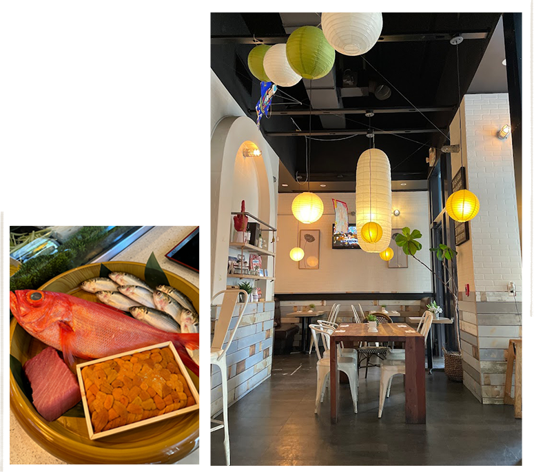 Inside the Anaba dining room — intimate seating with warm pendant lighting
