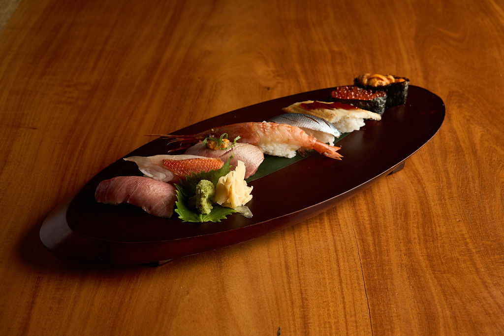 Anaba omakase nigiri selection on a lacquered tray