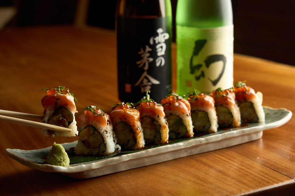 Spicy Mami Roll — spicy tuna, mango, tempura flakes, chu-toro and jalapeño on top